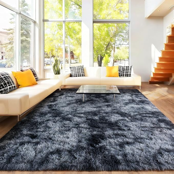 Area Rugs for Living Room 6x9, Ultra Fluffy Rug Fuzzy Shag Washable Carpets for Bedroom, Modern Non-Slip Indoor Soft Plush Furry Rug for Boy Girls Room Dorm Home Decor Aesthetic, Tie-Dyed Blue Grey