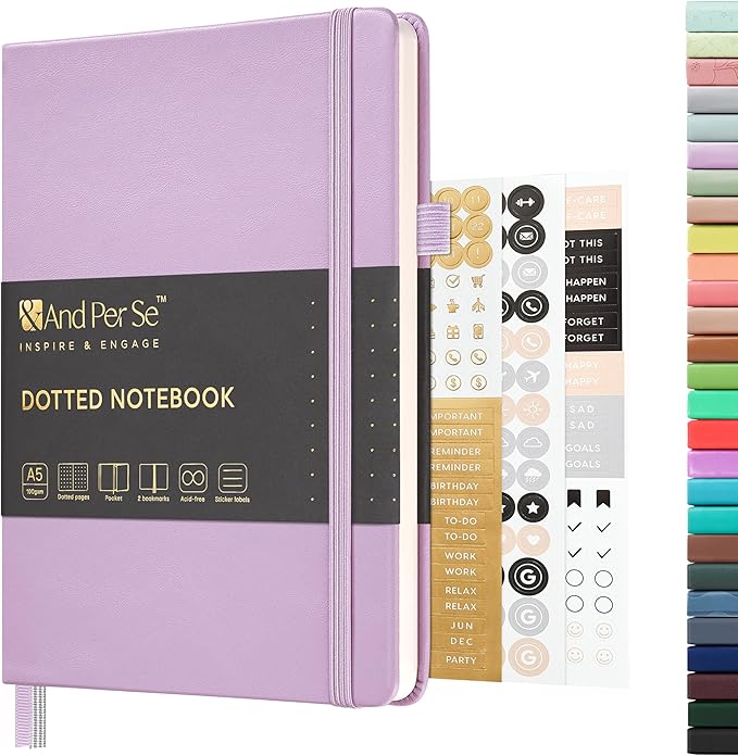 &And Per Se Dotted Journal Notebook, A5 Hardcover Leather Dotted Journal, 160 Pages 100gsm Thick Dot Grid Paper, 3 Sheets of Stickers Included - 5.7'' x 8'' (Light lavender)