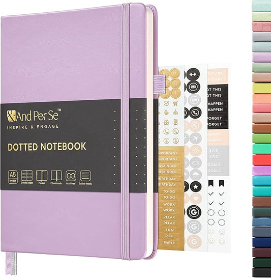 &And Per Se Dotted Journal Notebook, A5 Hardcover Leather Dotted Journal, 160 Pages 100gsm Thick Dot Grid Paper, 3 Sheets of Stickers Included - 5.7'' x 8'' (Light lavender)