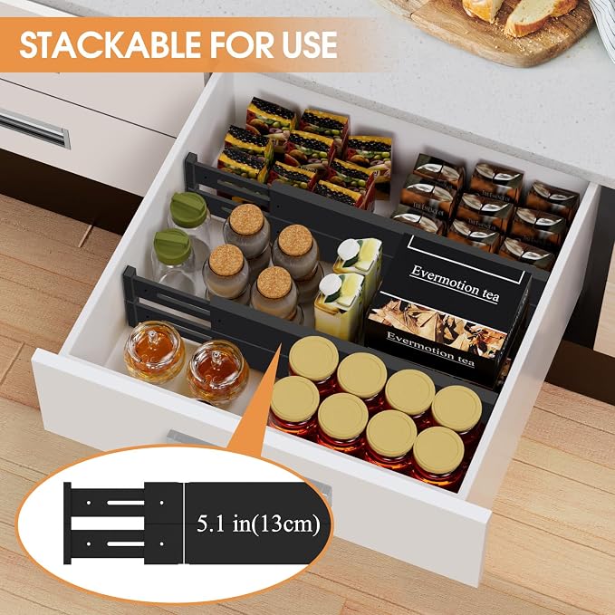 Bamboo Drawer Dividers, Adjustable Drawer Organizers, Fits 17.6–21" Drawers | 2.5" High, 4 Pack Expandable Drawer Separators for Kitchen, Nursery, Dressers & Office Storage, Black