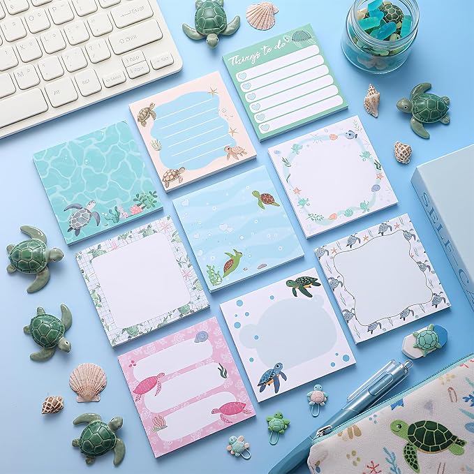 9 Pads Cute Sticky Notes Cartoon Self Stick Notepads 3x3 Inches Notes Adhesive Memo Pad Office Decor Gifts for Students School Teacher Office Meeting(Turtle)