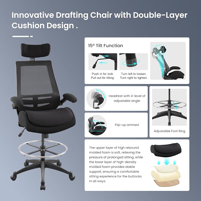 BOLISS Big and Tall Drafting Chair 400lbs - High Back Ergonomic Office Chair for Standing Desk with Double Thick Seat Cushion, Adjustable Foot Ring, Lumbar Support & Flip Up Armrests (Black)
