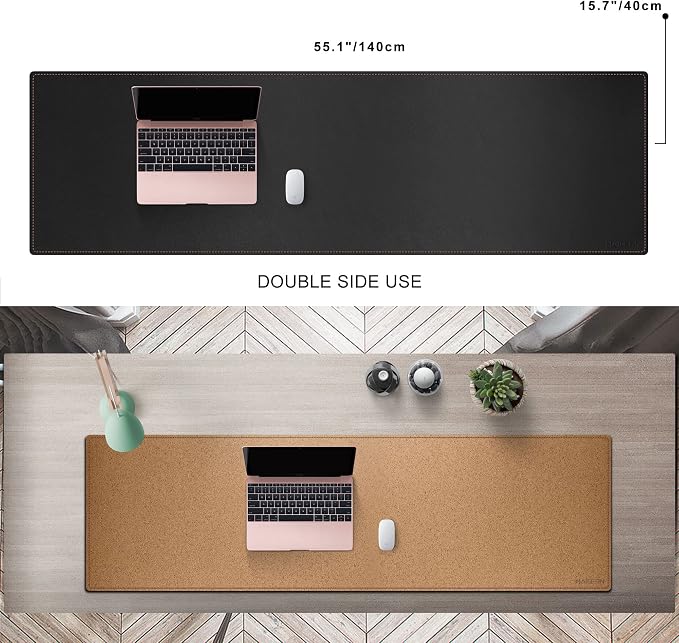 MAIDERN 55' x 15.7' Cork & Leather Desk Mat, XXL Dual Sided Desk Pad Protector for Gaming & Home Office (Black)