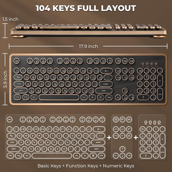 RK104 Retro Mechanical Keyboard, Wired Full-Size 104 Keys with Typewriter Round Keycaps, Wooden Grain, N-Key Rollover, Green Linear Switches, Ideal for Retro Lovers