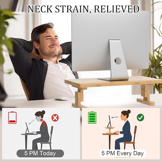 Bamboo Monitor Stand Riser for Desk with 4-Level Height Adjustment | Ergonomic Computer Riser, Desktop Organizer Shelf, Sturdy 100 lbs Support, Height Adjustable Laptop Stand, Warp-Proof, Large
