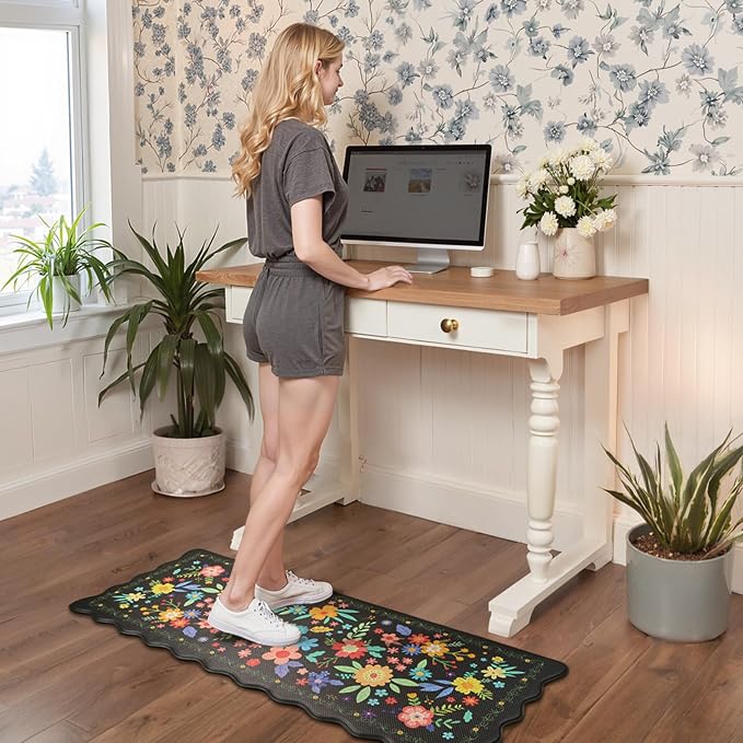 GENIMO Anti Fatigue Kitchen Mats for Floor 2PCS, Cushioned Standing Mats | 17.3"x47"&17.3"x30", Mix Black vintage floral rug set, waterproof, non slip, easy-clean for farmhouse