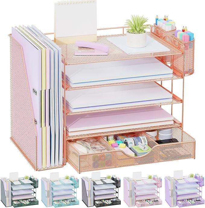 gianotter 5-Tier Desk Organizer with Drawers and File Holders | Letter Trays and Pen Holders - Workspace Accessories for Office Supplies (Rose Gold)