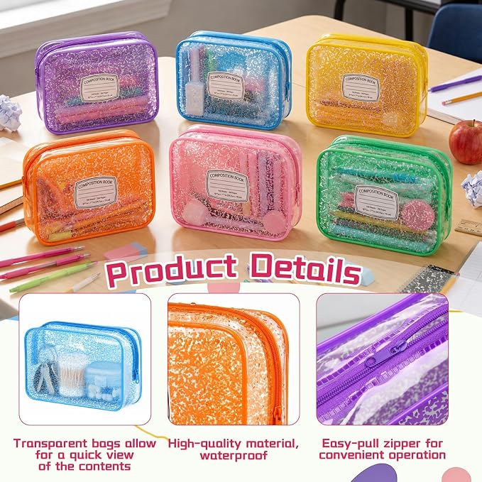 Suclain 12 Pack Back to School Gift for Teacher, Colorful Composition Book Theme PVC Zipper Organizer Pouches, 7.9 × 5.9 × 2.4 in Storage Bags for Classroom Rewards Teacher Student Gift