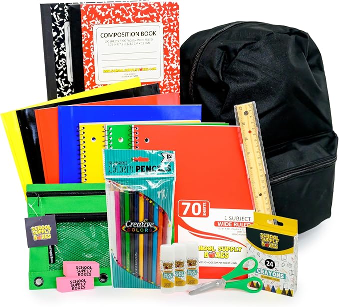 School Supply Boxes | 17" Solid Black Backpack Bundle for Elementary School | Back to School Bookbag with Supplies | Contains Crayons, Colored Pencils, Ruler, Disappearing Glue, Notebook, and More