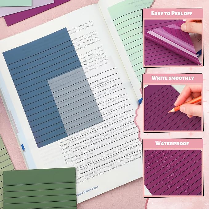 Yinder 8 Pack Colored Transparent Sticky Notes Translucent Clear Lined Self Sticky Notes, Back to School Gift Bible Tab for Planners, School Supplies Office, 30 Sheets/Pack, 4 x 6'' (Morandi Color)