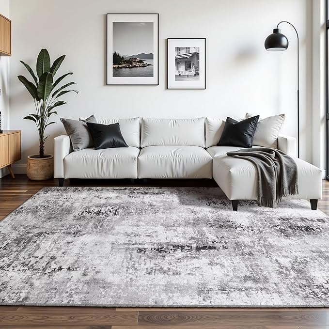 Macgace Washable Abstract Rug, 3x5 Modern Area Rugs with Non-Slip Rubber Backed for Bedroom, Thin but Soft Contemporary Carpet Kitchen Living Room Decor, Dark Grey