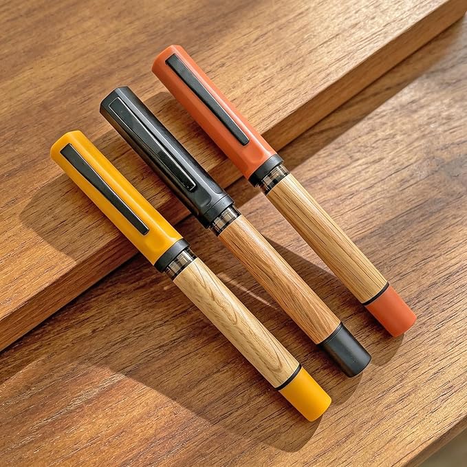Jinhao 58 Natural Oak Wood Fountain Pen Set, 3-Pack (Ebony/Turmeric/Orange) | Value 3-pack curated wood pens with protective felt pouch & ink converters. Perfect elegant gift for office & journaling.