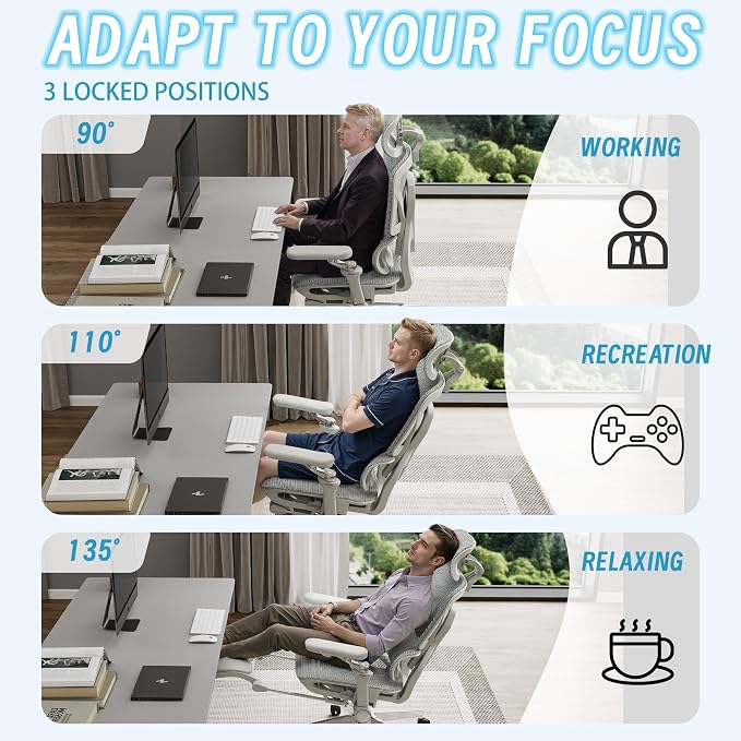 Ergonomic Office Chair with Footrest, High Back Mesh Computer Chair with Lumbar Support, 5-Level Backrest Height, 6D Flip-Up Arms for Home & Gaming Desk (Gray Mesh 3-Zone Lumbar Support+6d Armrest)