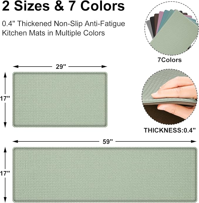 Kitchen Mats and Rugs Set of 2 - Cushioned Anti-Fatigue Kitchen Rug for Floor Washable 17"x29" +17"x59", Light Green
