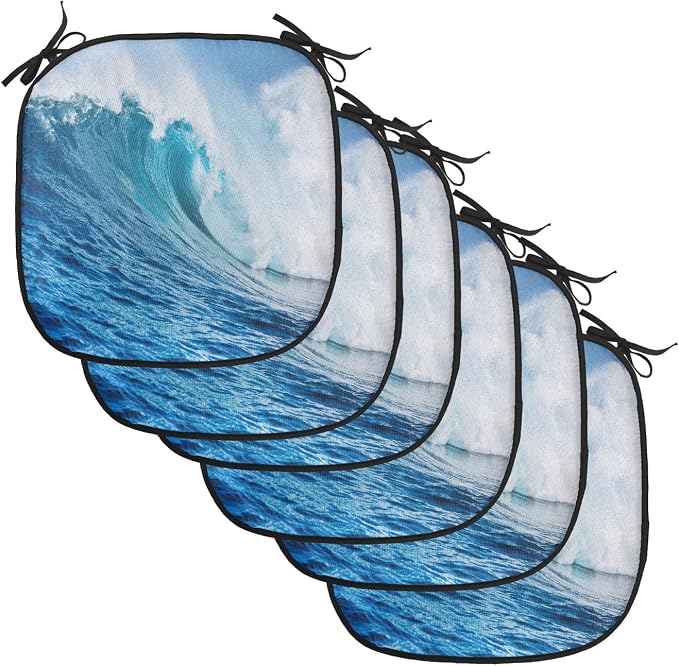 Lunarable Ocean Chair Cushion Pads Set of 6, Sea Storm with a Swirling Wave Surfing Themed Sky and Water Picture Print, Anti-Slip Seat Padding for Kitchen & Patio, 16"x16", White Blue and Aqua