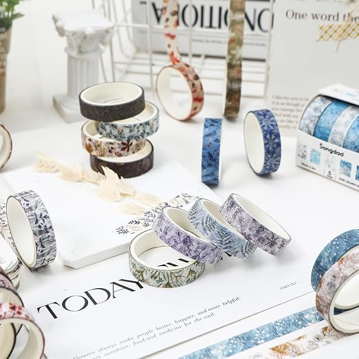 Flowers Washi Tape Set 60 Rolls Leaves Patterns Decorative Skinny Snow Masking Tapes for Arts, DIY Crafts, Journals, Planners, Scrapbook, Wrapping (Winter)