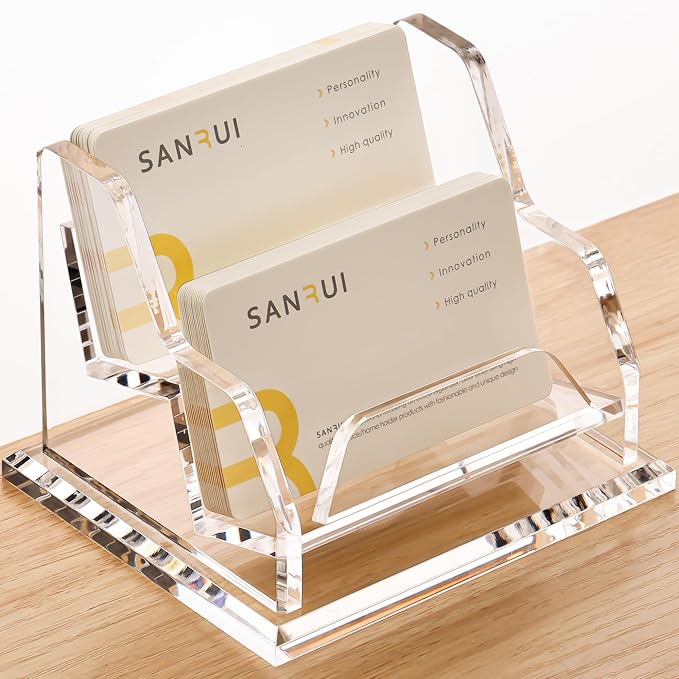 YUXUN Business Card Holder for Desk, Acrylic Business Card Display Stand with 2 Slot, Office Desk Accessories for Man &Woman,100 Cards Capcity, Clear