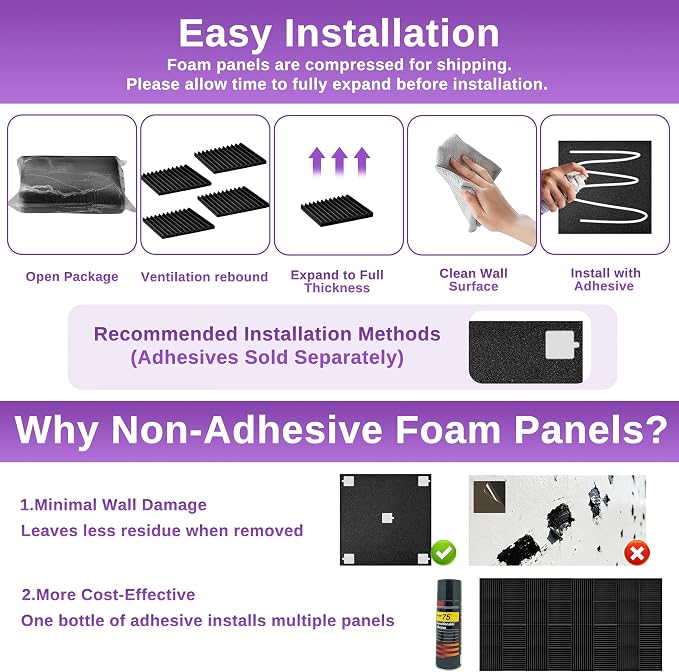 52 Pack Acoustic Foam Panels,1" x 12" x 12"Acoustic Wedge Studio Foam Sound Absorption Wall Panels (Black/Purple)