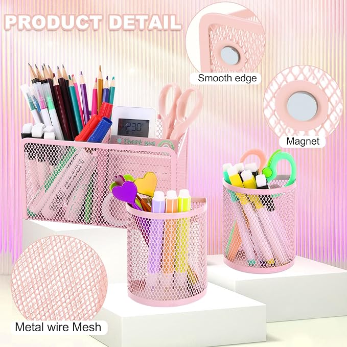 Sherr 3 Pcs Magnetic Pen Pencil Holder Set Magnets Wire Mesh Marker Holder Storage Basket for Locker Accessories Classroom Whiteboard Refrigerator and Home Wall, Macaron Color(Pink)