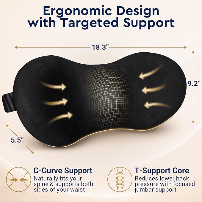 Lumbar Support Pillow for Office Chair - Ergonomic Lower Back Support Pillow with Adjustable Strap, C-Curve Back Cushion with T-Support Core for Car Seat, Gaming Chair, Desk Chair, Black