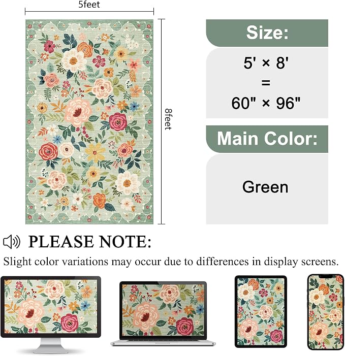 DUKINO 5x8 Area Rug for Living Room, Washable Lightweight Non Slip Floral Bedroom Rug with Non Shedding Design, Soft Low Pile Large Indoor Carpet for Dining Room, Kids Playroom, Nursery, Office, Green