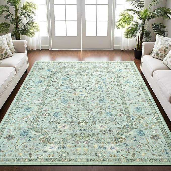 Vasofe 3x5 Area Rug for Bedroom, Washable Rugs for Living Room, Laundry, Kitchen, Vintage Floral Indoor Non Slip Carpet Farmhouse Green Throw Carpets Soft Low Pile Mat for Dorm Bedside Entryway Office