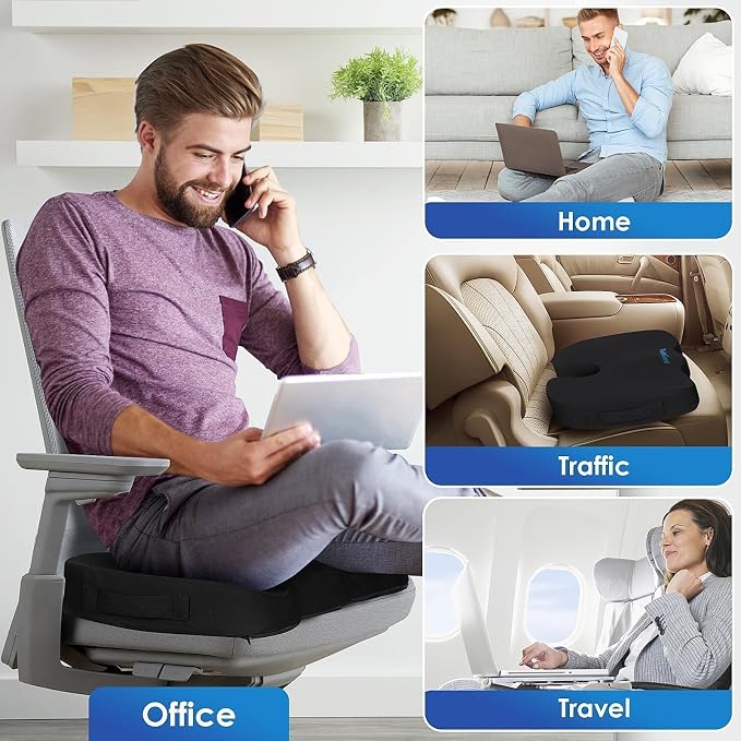 TushGuard Seat Cushion for Office Chair, Car, Memory Foam, Black Large | For Back, Coccyx, Sciatica, Tailbone Pain, Ergonomic Design, Non-Slip, Desk Wheelchair Use, Supportive Butt Pillow, For Man