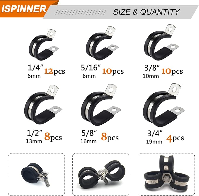 ISPINNER 52pcs Cable Clamps Assortment Kit, 304 Stainless Steel Rubber Cushion Pipe Clamps in 6 Sizes 1/4" 5/16" 3/8" 1/2" 5/8" 3/4"