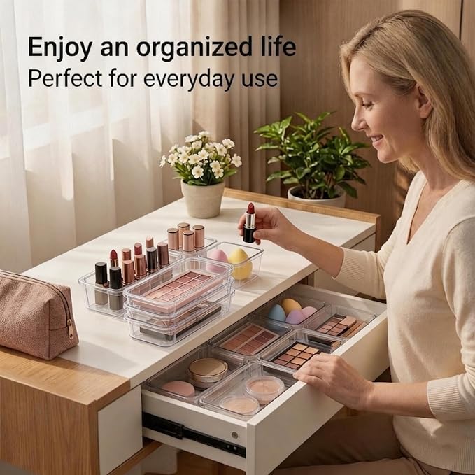 25 Pack Makeup Drawer Organizer Trays, 3-Size Clear Plastic Adjustable Expandable Set with 5 Large, 8 Medium and 12 Square Pieces for Vanity, Bathroom, Desk, Kitchen and Office