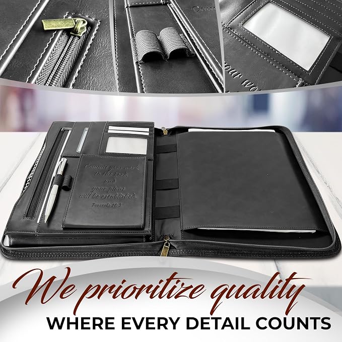 DEHITE Leather Portfolio for Men – Padfolio Case for Men and Women – Black Bible Notebook Organizer – Pen Slots – Zipper Binder – Premium PU Leather – Feels Like Full-Grain – Office Gift Accessories