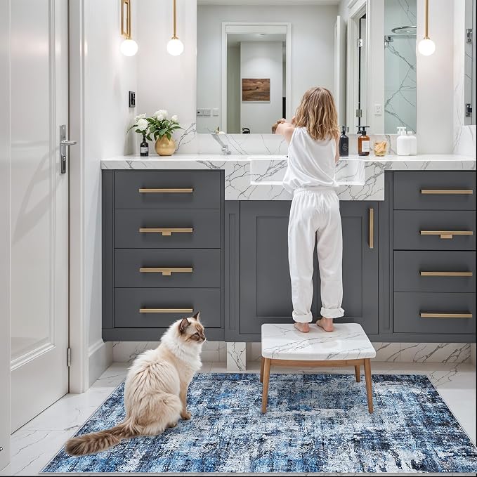 2x5 Washable Kitchen Runner Rug – Non-Slip Rubber Backing Low-Pile Soft Small Rug for Hallway Bathroom Bedroom Entryway Laundry Room – Modern Neutral Abstract Thin (Navy Blue)