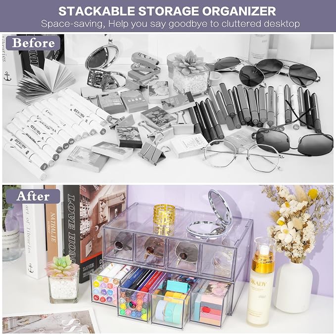 12-Drawer Desk Organizer, 3-Pack Stackable Desktop Storage Box | Clear Sunglasses Organizer, Display Case, Removable Drawers, For Stationery, Markers, Pens, Eyeglasses, Office Supply