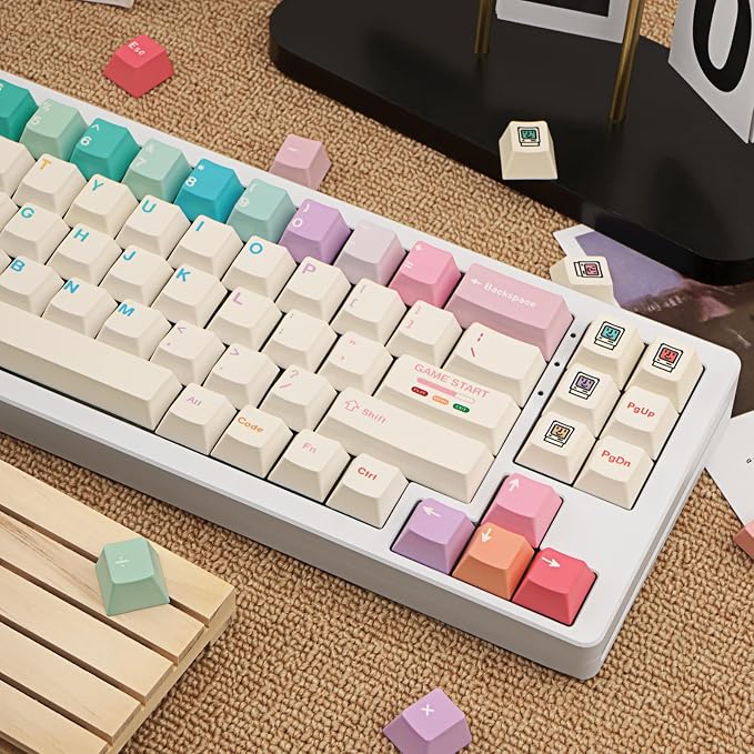 Minimalist White PBT Keycaps, 150 Keys Cute Macaron Theme Keycap, Cherry Profile Dye-Sublimation Colorful Keycaps for 61/64/68/84/87/100/104/108 Cherry MX Mechanical Keyboards