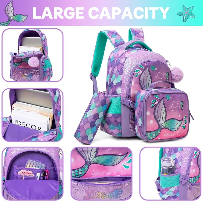 Meetbelify Mermaid Backpacks for Girls School Bag Cute Girls Backpacks Ages 8-10 with Lunch Box Kids Bookbag Set Travel Backpack for Elementary Students Backpack to School Supplies