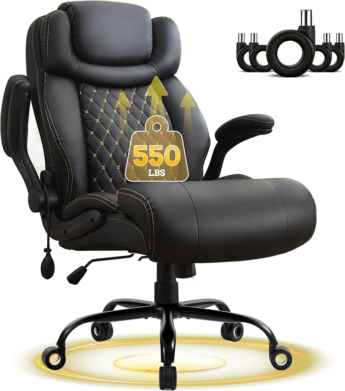 550LBS Big and Tall Office Chair, Comfy Heavy Duty Executive Chair with Adjustable Lumbar Support Double Spaces Casters, PU Leather Extra Wide Seat Ergonomic Computer Desk Chair for Back Pain, Black