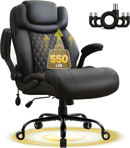550LBS Big and Tall Office Chair, Comfy Heavy Duty Executive Chair with Adjustable Lumbar Support Double Spaces Casters, PU Leather Extra Wide Seat Ergonomic Computer Desk Chair for Back Pain, Black