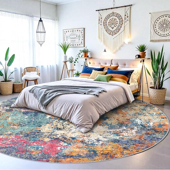 RUUGME Abstract 9ft Round Rug - Large Washable Rugs for Living Room Abstract Colorful Rug Indoor Non Slip Low Pile Carpet Bedroom Soft Foldable Stain Resistant Distressed Thin Mat 9ft Colorful/Multi