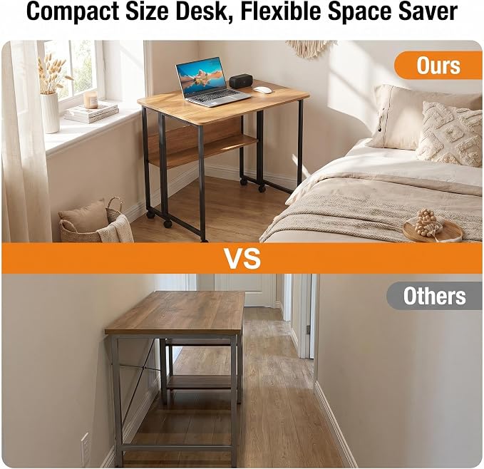 Mobile Foldable Desk w/ 6 Wheels,Portable Rolling Small Computer Desk w/Storage Shelves, Folding desks for Small Spaces, Computer Table for Home Office Bedroom Living Room-Brown