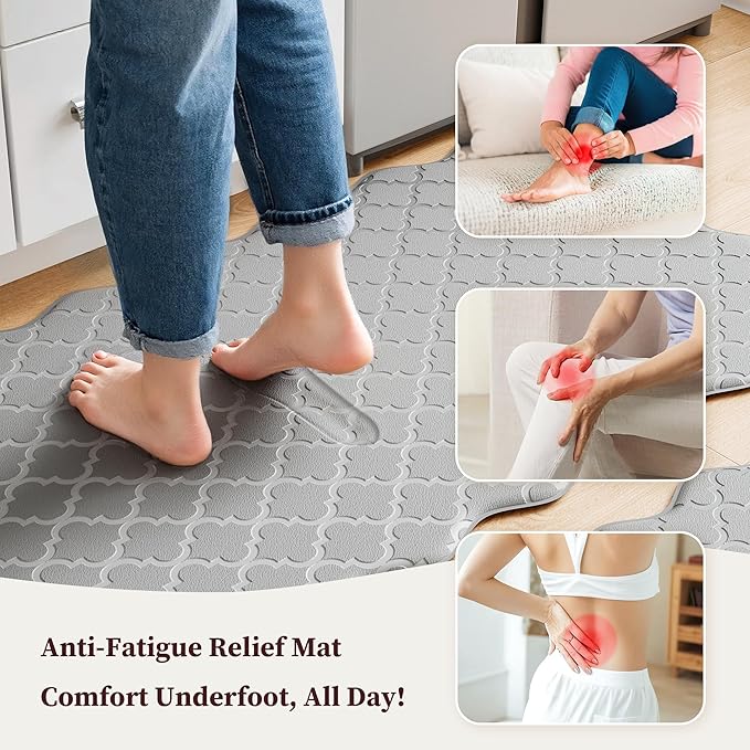 Upgrade Scalloped Embossed Kitchen Mats for Floor 2PCS Cushioned Anti Fatigue Waterproof Foam Kitchen Rugs Non Slip Washable Comfort Standing Mat for Office Sink Laundry, Gray