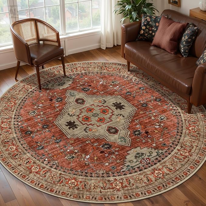 Tangsoo Vintage Round Rugs 8ft, Washable Circle Rug, Non Slip Boho Round Area Rug,Low Pile Circular Rugs,Large Round Rugs Carpet for Livingroom,Bedroom,Nursery,Dorm,Office,Terracotta