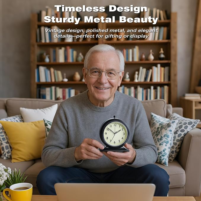 AYRELY® 5.5" Vintage Metal Alarm Clock, Desk and Table Clock for Shelf | Battery Operated Silent Analog Clock with Light for Living Room,Mantel, Bedside and Home Decor (Black)