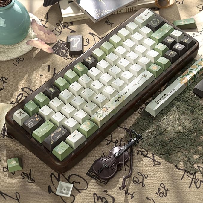 150 Keys Green PBT Keycaps, Laurel Theme Custom Keycap Cherry Profile, Dye-Sublimation Keycaps Set for 61/64/68/84/87/100/104/108 Cherry MX Mechanical Keyboards