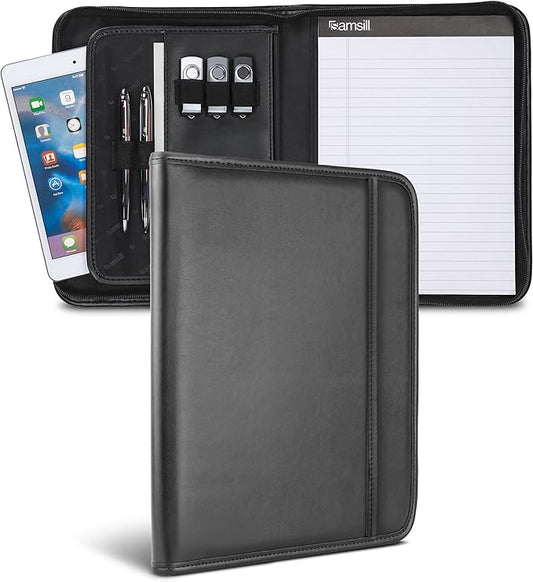Samsill Professional Padfolio, Faux Leather Junior Portfolio with Zipper, 10.1 Inch Tablet Sleeve, with 7 x 10 Inch Notepad, Black