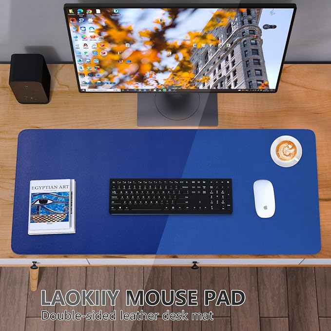 Dual-Sided Desk Pad, Large Mouse Pad - Natural Cork & PU Leather Non-Slip Waterproof Desk Mats for Office and Home (Blue, 31.5" x 15.7")