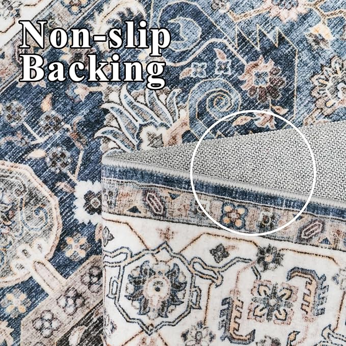 RUUGME Washable 8X10 Area Rug - Soft Area Rugs for Living Room Stain Resistant Carpet Vintage Lightweight Rugs for Bedroom with Non Slip Backing Indoor Ultra-Thin Rugs 8X10 Navy