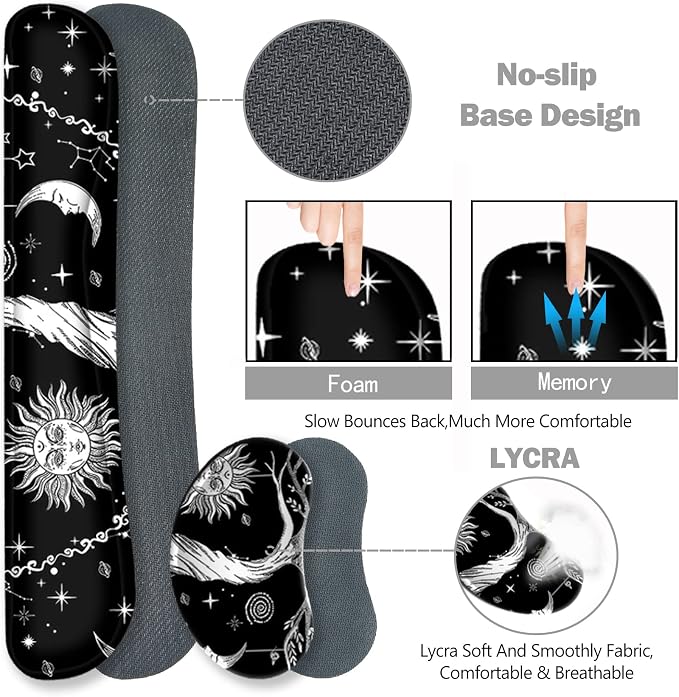 ToLuLu Extended Gaming Mouse Pad, Memory Foam Ergonomic Keyboard Mouse Wrist Rest Support Set, Large Desk Mat with Stitched Edges, Non-Slip Base Mousepad for Home Office Game and Study, Moon & Sun