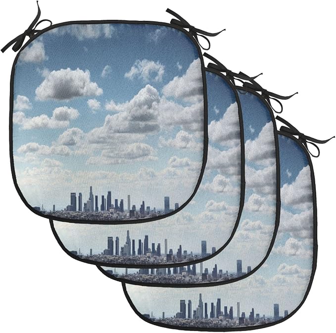 Lunarable United States Chair Cushion Pads Set of 4, Downtown Los Angeles Skyline Under The Summer Sky with Scenic Fluffy Clouds, Anti-Slip Seat Padding for Kitchen & Patio, 16"x16", Blue White