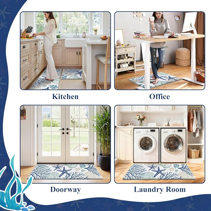 SHACOS Coastal Kitchen Rugs Set of 2, 17x27.5+17x47 inch | Summer Anti-Fatigue Kitchen Mats, White Cushioned Mats with Sea Themed Blue Starfish Shell Coral Tropical Fish