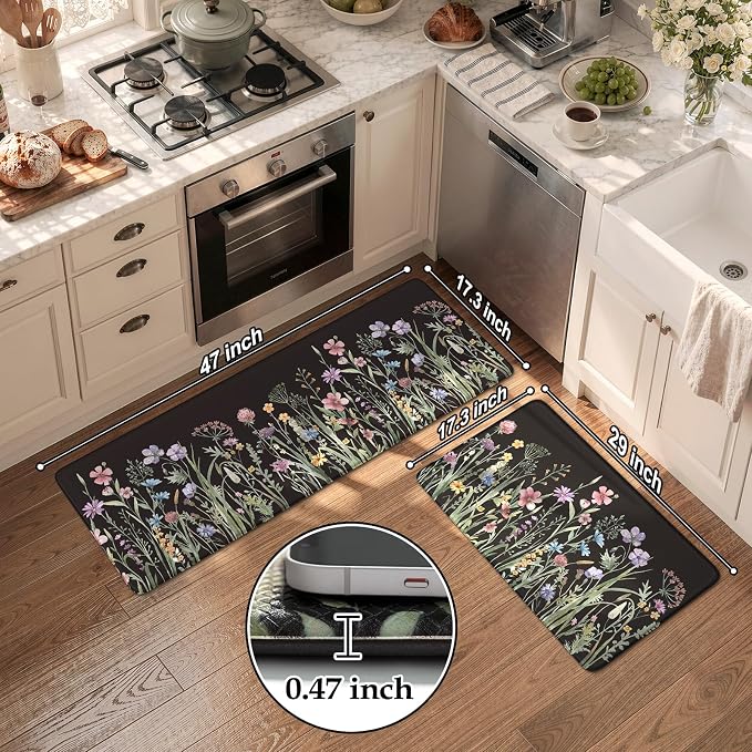 KIMODE Anti Fatigue Mats for Kitchen Floor 17"x47"+17"x29", Farmhouse Floral Kitchen Rugs Sets of 2, Cushioned Kitchen Floor Mats, Non Slip Standing Mat for Sink, Laundry, Office, Desk Black
