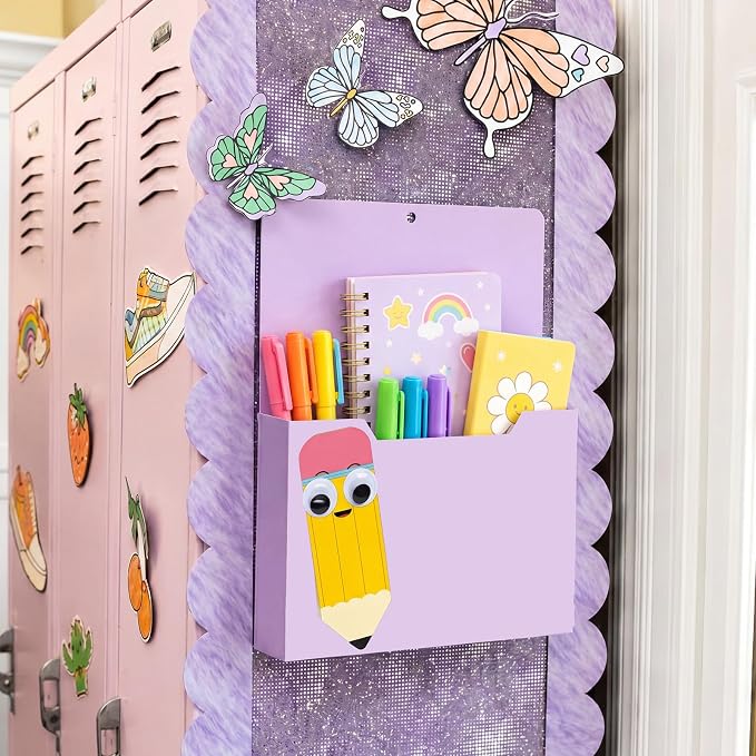 Gilprop 2 Pcs Pencil Purple Magnetic File Folder Holder Pocket File Organizer Classroom Decor Teacher Desk Accessory for Whiteboard Mail Paper Book No Drilling Elementary School Kindergarten Essential